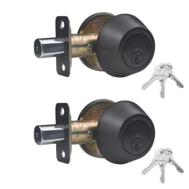 Imagem de Comfhouse 1 fechadura lateral com chave, parafuso morto de cilindro único, preto fosco redondo com chave externa fechadura de entrada frontal fechadura interna da porta, pacote com 2