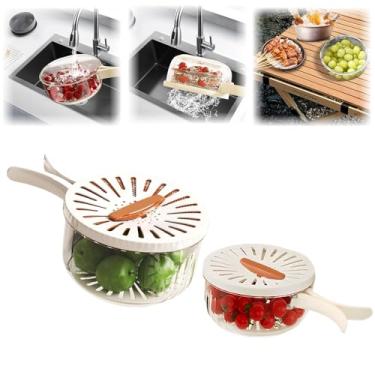 Imagem de Cesto de drenagem de coador de frutas multiuso com tampa e alça dobrável, cesta de drenagem e preservação 2 em 1, tigela de limpeza de frutas para frescor de geladeira e piqueniques ao ar livre