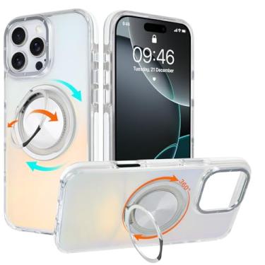 Imagem de WPCase Capa iridescente para iPhone 16 Pro Max com suporte [compatível com MagSafe], capa resistente de grau militar com suporte magnético giratório 360 para mulheres e homens, branco holográfico