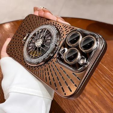 Imagem de MVVKKY para iPhone 15 Luxury Case Gyro Stand Phone Case Plating PC Capa à prova de choque (para iPhone 15/dourado)