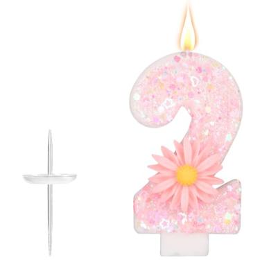 Imagem de Vela de Aniversário Rosa, 7,2cm Glitter, Flor Margarida Brilhante Vela de Números Topo Bolo Decoração Ideal para Aniversário Meninas Festa Presentes (2)