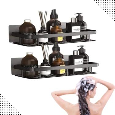 Imagem de Kit 2 Prateleiras Retas Multiuso Adesiva Porta Shampoo em Chapa Reforçada Organizador de Parede (Preto)