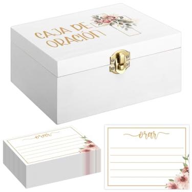 Imagem de Geelin Caixa de oração espanhola com 100 cartões de oração, caixas de presente espanholas brancas envelhecidas de madeira com cartões cristãos em branco, presentes cristãos para mulheres