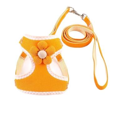 Imagem de Peitoral para cães pequenos sem puxões com conjunto de trela, colete de flores fofas, à prova de escape e respirável para passear com filhotes, guia macia e leve (laranja, P serve para 1,8 a 2,7 kg)