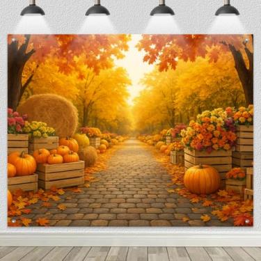 Imagem de BlissYard Faixa de fundo de outono outono caminho forrado árvore dourada abóboras fardos de feno 2,4 x 1,8 m perfeito para decoração de ação de graças festa foto pano de fundo interior exterior