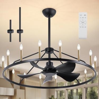 Imagem de REDSTAR Lustre de teto de fazenda com luz e controle remoto, lustre de roda grande de 16 luzes com vela para sala de estar, ventilador rústico de ouro preto com grande luminária para loft