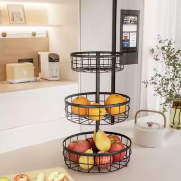 Imagem de Fruteira de Mesa 3 Níveis em Metal, Organizador Circular para Cozinha, Cesto de Frutas e Legumes 49cm Altura, Preto