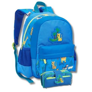 Imagem de Kit Mochila Costas Infantil Estojo Escola Creche Azul Bichos