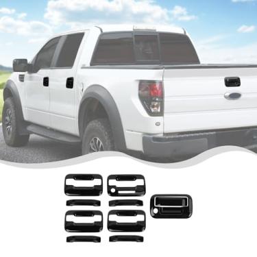 Imagem de HTHE Capa de espelho lateral de fibra de carbono preta, 10 peças, tampa do espelho retrovisor/tampa do puxador da porta externa externa/maçaneta da porta traseira compatível com F150 Raptor 2009-2014