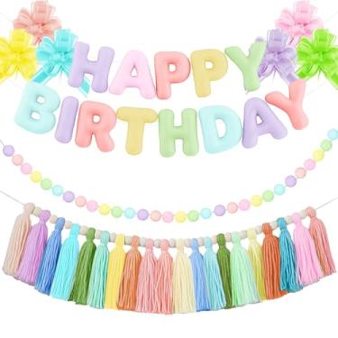 Imagem de Chunful Conjunto de 9 peças de decoração de festa 3D de feltro pré-amarrado, faixa de feliz aniversário, bola de guirlanda reutilizável, faixa de borla flores de gaze para decoração de fundo de parede