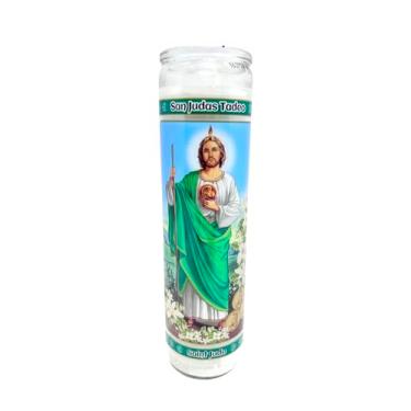 Imagem de Vela de oração religiosa San Judas Tadeo, vela devocional de vidro de 20 cm, verde e branca
