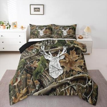 Imagem de Feelyou Conjunto de edredom de camuflagem infantil, solteiro, caça de veado, para meninos e meninas, folha de camuflagem, cabana rústica, para quarto de adolescentes, conjunto de cama de microfibra