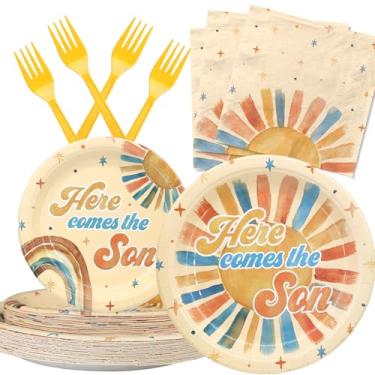 Imagem de Artigos de chá de bebê Here Comes the Son para 20 convidados – guardanapos e garfos Boho Sun e pratos arco-íris – Conjunto de talheres descartáveis para chá de bebê retrô Sun