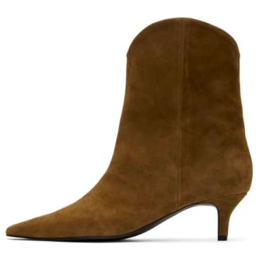 Imagem de MOOMMO Botas femininas de salto gatinho, botas ocidentais de camurça, bico fino, cowboy, cano baixo, 5 cm, vestido de salto gatinho, botas de cano médio, cano médio, botas curtas, dois tons, corte em