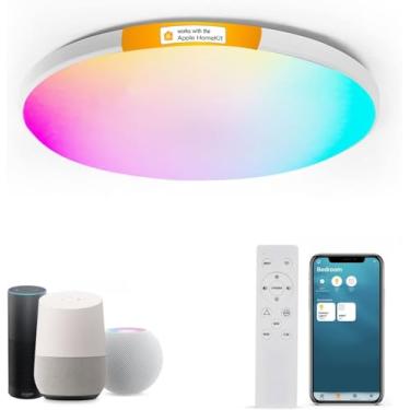 Imagem de DoHome HomeKit Luzes de teto LED inteligentes RGBCW Luz de teto que muda de cor funciona com Apple HomeKit, Alexa Google Home Lâmpada de teto com montagem embutida 24W regulável para sala de estar