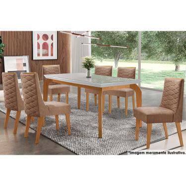 Imagem de Sala de Jantar Completa Londrina c/ Tampo Madeirado c/ Vidro 180x90cm e 6 Cadeiras Dafne Capuccino/Suede Capuccino - Rufato