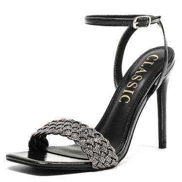 Imagem de BiuYorBTY Sandálias femininas de salto agulha, salto alto de cristal, strass, prata, bico quadrado aberto, tira no tornozelo, sapatos sociais com tiras para festas, casamentos, noivas, Preto, 34
