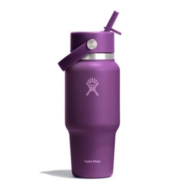 Imagem de Hydro Flask Garrafa de água de viagem - aço inoxidável isolado - tampa larga com palha, não derrama, à prova de vazamento em roxo Beachplum de 680 g