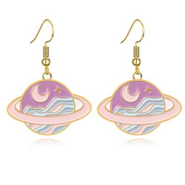 Imagem de MALOYANVE Brincos pendentes femininos personalizados Planeta joia tom azul Saturno, Medium, Zinco, Sem pedra preciosa