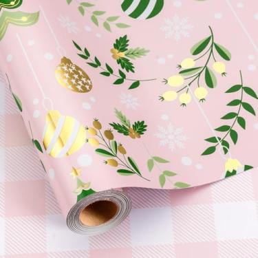 Imagem de Retrify Rolo de papel de embrulho rosa - Sinos metálicos de folha dourada, flocos de neve e flocos de neve branco mini rolo de papel de embrulho xadrez para decoração festiva de Natal - 43 cm x 80