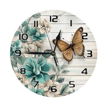 Imagem de YPPAHHHH Relógio de parede rústico azul-petróleo borboleta vintage marrom madeira redondo relógio de parede 25,4 cm silencioso sem tique-taque funciona por bateria relógio para sala de estar, quarto