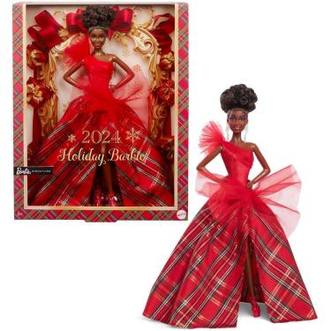 Imagem de Boneca moderna Barbie Signature 2024 Holiday com vestido xadrez