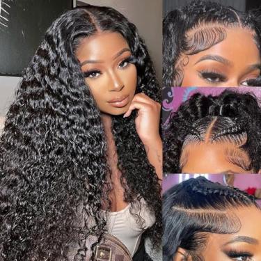 Imagem de Perucas de cabelo humano onduladas profundas de cabelo humano 13 x 4 HD transparente frontal profunda encaracolado 200% densidade pré-arrancada com cabelo de bebê perucas sem cola para mulheres negras
