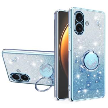 Imagem de MRRSIWEI Capa com glitter para APP 107, capa luxuosa com flores brilhantes à prova de choque para mulheres e meninas com suporte de anel para IPE 107. Flores azuis