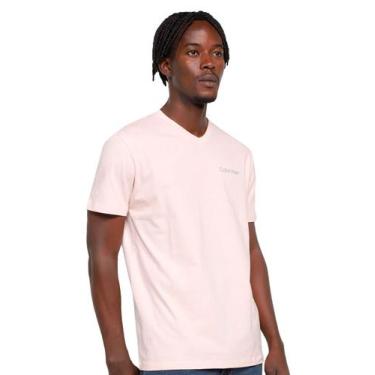 Imagem de Camiseta Calvin Klein Swimwear Masculina V-Neck Slim Fit Logo Rosa Cla