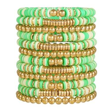 Imagem de HYHONEY Pulseiras de amizade com contas Heishi pulseiras fofas pulseiras de vinil argila disco contas surfista elástico verão praia pulseiras para mulheres, One Size, Pedra, argila