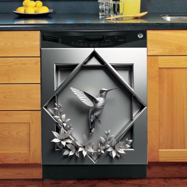 Imagem de Pássaro prateado metálico com flor, capa magnética para lava-louças, fonte de aço, beija-flor, fonte, porta, adesivo, ímã de geladeira, decalque de textura de aço inoxidável, decalque de painel de