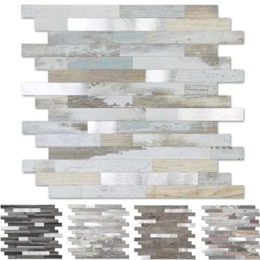 Imagem de Yipscazo 1 folha de revestimento de azulejo de metal de pedra, cole em azulejos para cozinha, banheiro, lavanderia, acampamento, lareira (30 x 30 cm, madeira branca com metal)
