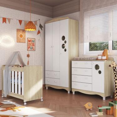 Imagem de Quarto de Bebê Completo Aquarela 4 em 1 com Colchão Carvalho Araguaia/Branco - Pnr Móveis