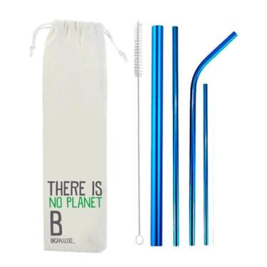 Imagem de Kit 6 em 1-4 Canudos de Inox + Escova + Ecobag (Shake 8mm) Azul - Planet B