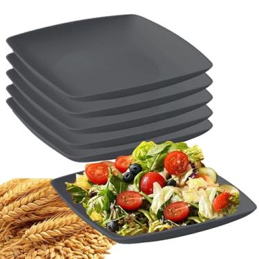 Imagem de Conjunto de 6 pratos quadrados de palha de trigo inquebrável para salada leve e reutilizável (25,4 cm, cinza escuro)