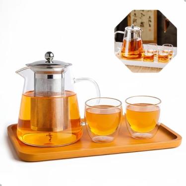 Imagem de Conjunto de Bule de Chá 550ml com Infusor em Vidro e Aço Inoxidável, 2 Copos de Vidro Duplo 80ml, Bandeja de Bambu Retangular 24x14x1,3cm