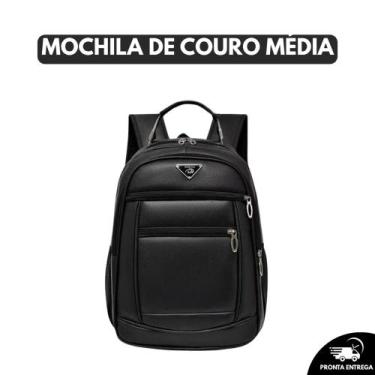 Imagem de Mochila Masculina Couro Média Resistente Impermeável Reforçada - Preta