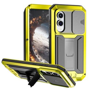 Imagem de FunnyWin Capa de metal compatível com Samsung Galaxy S25 FE com suporte para câmera Gorilla Glass Capa de telefone resistente de silicone híbrido militar para homens e mulheres (amarelo)