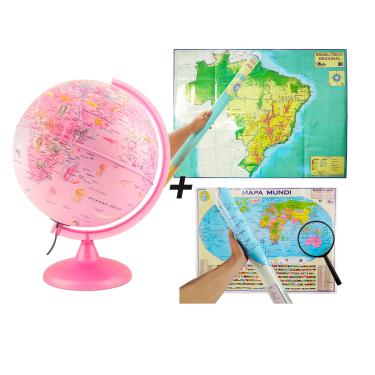 Imagem de KIT Globo Pinkzoo LED com Figuras de Animais Mapa Brasil Físico Mapa Mundi Físico Lupa75mm