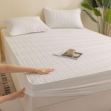 Imagem de Protetor de colchão elástico para todas as estações, lençol de elástico espesso à prova de poeira, capa de colchão macia para a pele com faixa elástica antiderrapante durável colcha branca||200 x 220