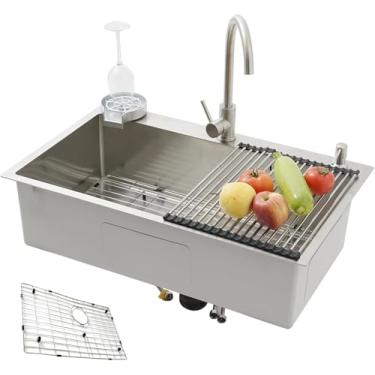 Imagem de 85 X 50 Sus304 Pia De Cozinha De Aço Inoxidável Multifuncional Feita à Mão, Pia De Cozinha Grande, Instalação Embutida Ou Sobreposta Com Banheira Removível, Silver#2, 80x50x21.5cm