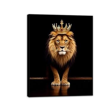 Imagem de Leão com coroa decoração de parede de tela rei e rainha animal pôster preto e branco leão com coroa arte de parede para homem sala de estar quarto banheiro decoração de casa 65 x 50 cm (26 x 19 pol