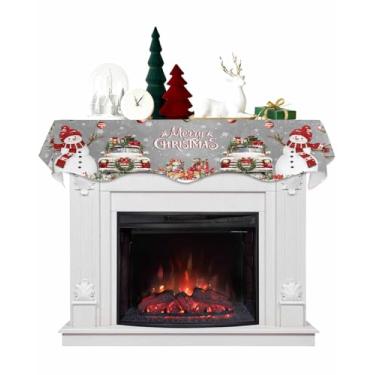 Imagem de Lenço de cornija de corredor de mesa de Natal lareira boneco de neve bola de Natal um presente vermelho lenço de lareira cinza, capa de lareira perfeita para decoração de casa de festas de fim de ano