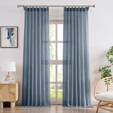 Imagem de Melodieux Cortinas azuis 96 polegadas de comprimento, cortinas semitransparentes texturizadas de algodão para portas de vidro deslizantes, cortinas de janela de sala de estar e quarto, 2 painéis, 101