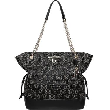 Imagem de True Religion Sacola, bolsa lateral com logotipo macio com estampa de ferradura, tiras de corrente e ferragens douradas, preta