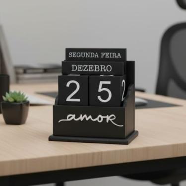Imagem de Calendário de Mesa de Madeira com Plaquinhas Ajustáveis – Decoração, Organização e Escritório (Preto)