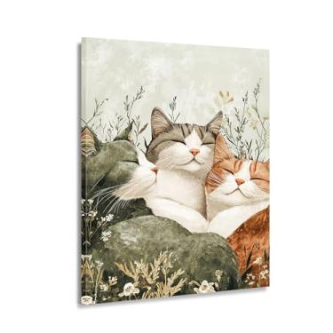 Imagem de CANLUNTE Arte de parede em tela de gatos relaxantes e flores botânicas - Impressão de pintura de trio de felinos preguiçosos para sala de estar, decoração de quarto (arte 3 x 91 cm emoldurada)