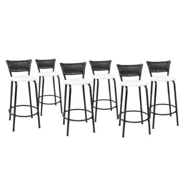 Imagem de Kit 6 Banco Para Bancada Cozinha Gourmet Estrutura Preta Encosto Junco Preto Balcão Ilha Bar Banqueta 60cm Itagold (Assento Branco)
