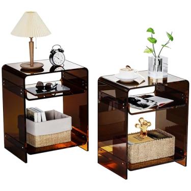 Imagem de Mesa de canto de acrílico com prateleira de armazenamento mesa lateral transparente mesa de cabeceira (marrom escuro conjunto de 2)