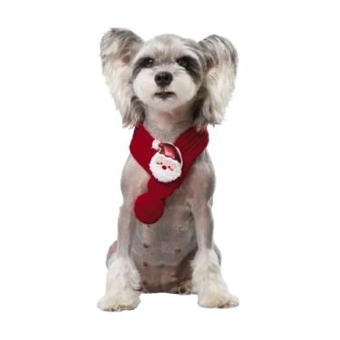 Imagem de Cachecol de Natal de malha para cães de inverno com bola, bandana macia e quente para cães, cachecol de decoração de Natal e inverno para cães pequenos, médios e grandes (Papai Noel vermelho)